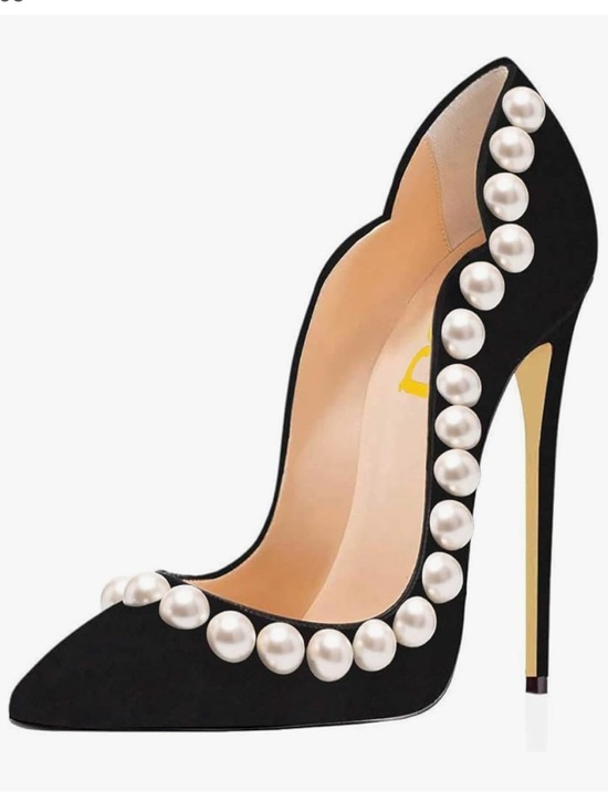 FSJ Shoes - Black Pearl-Embellished Women's Heels US9
